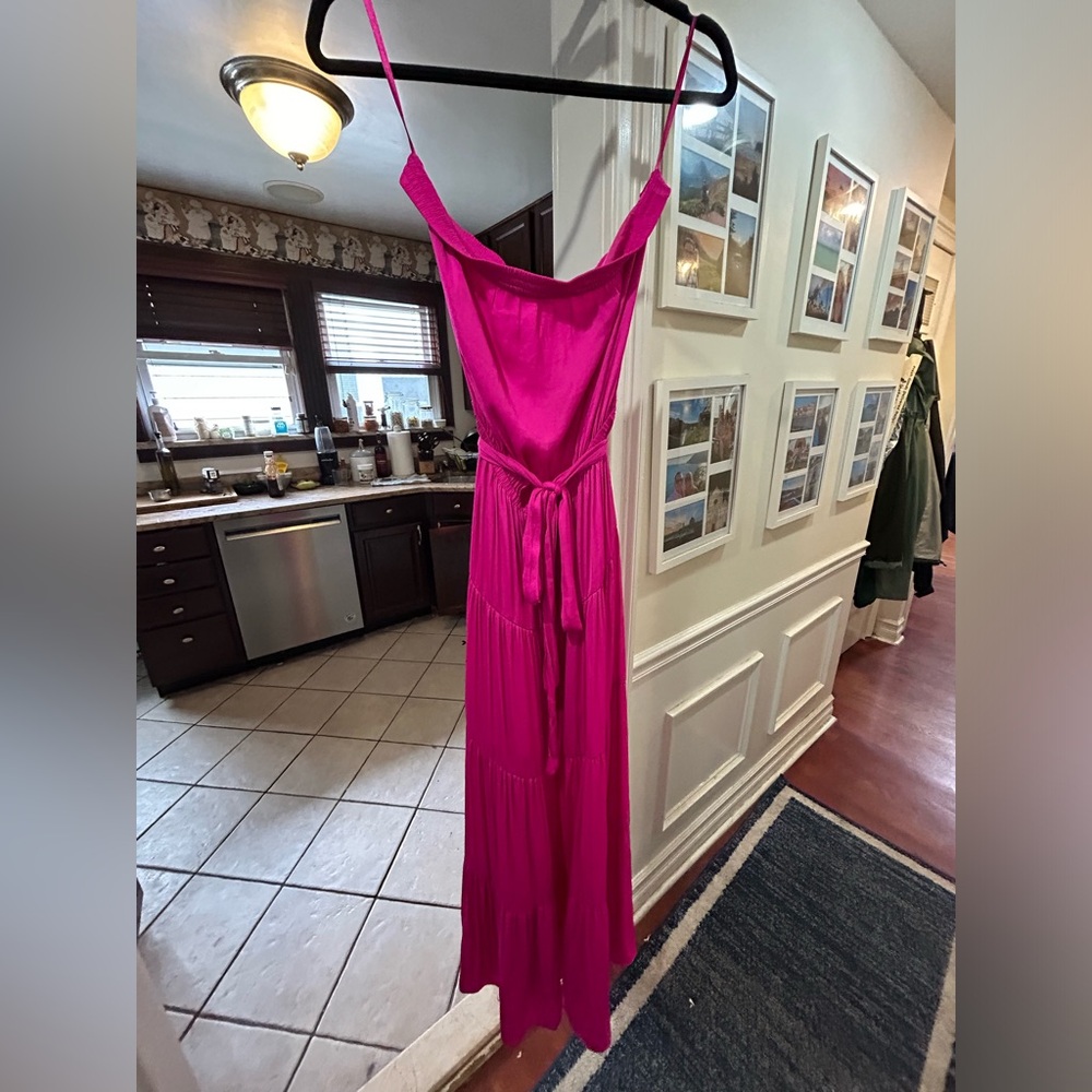 Strapless pink tiered maxi dress